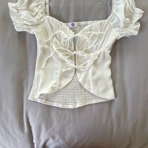 White Tie-Front Puff Sleeve Top
